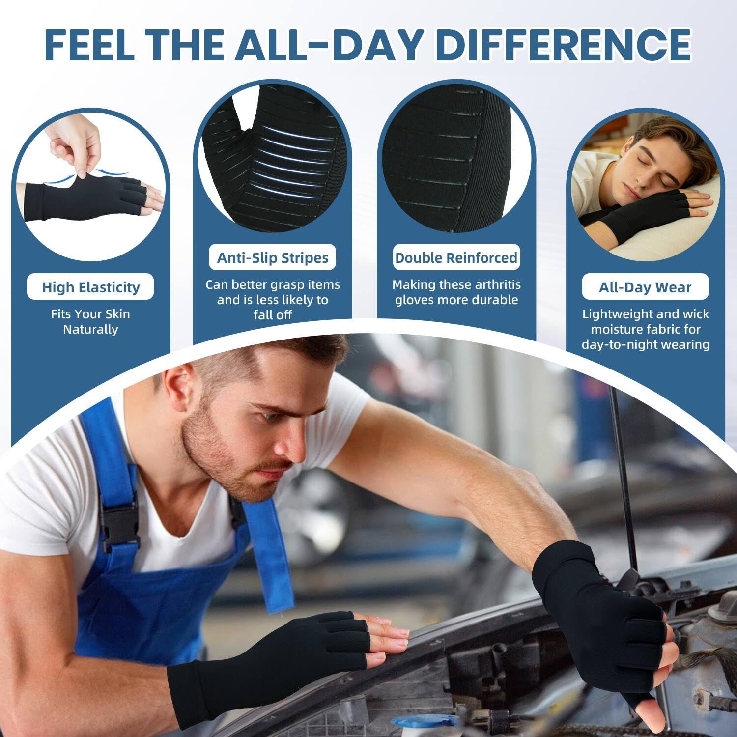 2 Pairs Fingerless Copper Compression Gloves for Arthritis Pain Relief – Medium