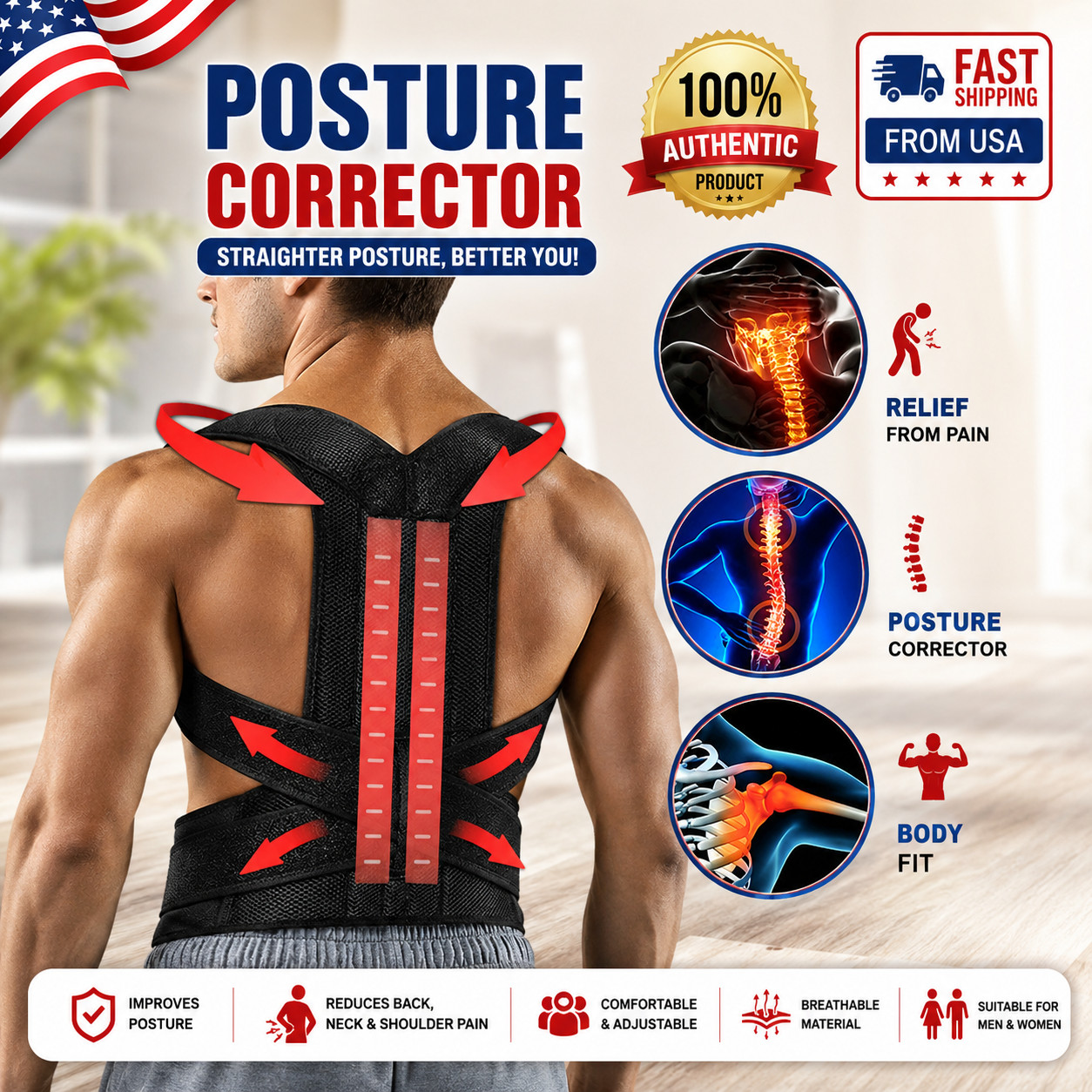 Adjustable Posture Corrector Low Back Support Shoulder Brace Belt For Men Women