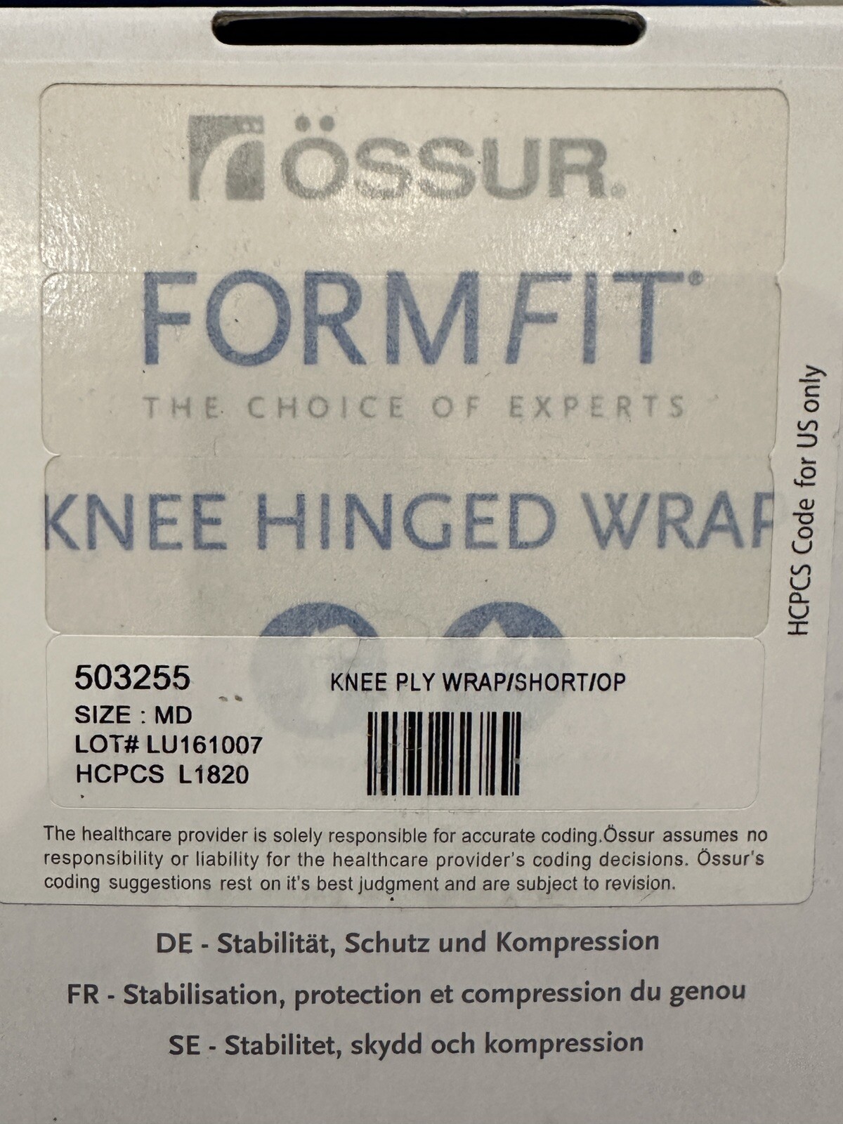 Ossur Formfit MCL Knee Brace Right MEDIUM With Single ROM Lateral Hinge Injuries