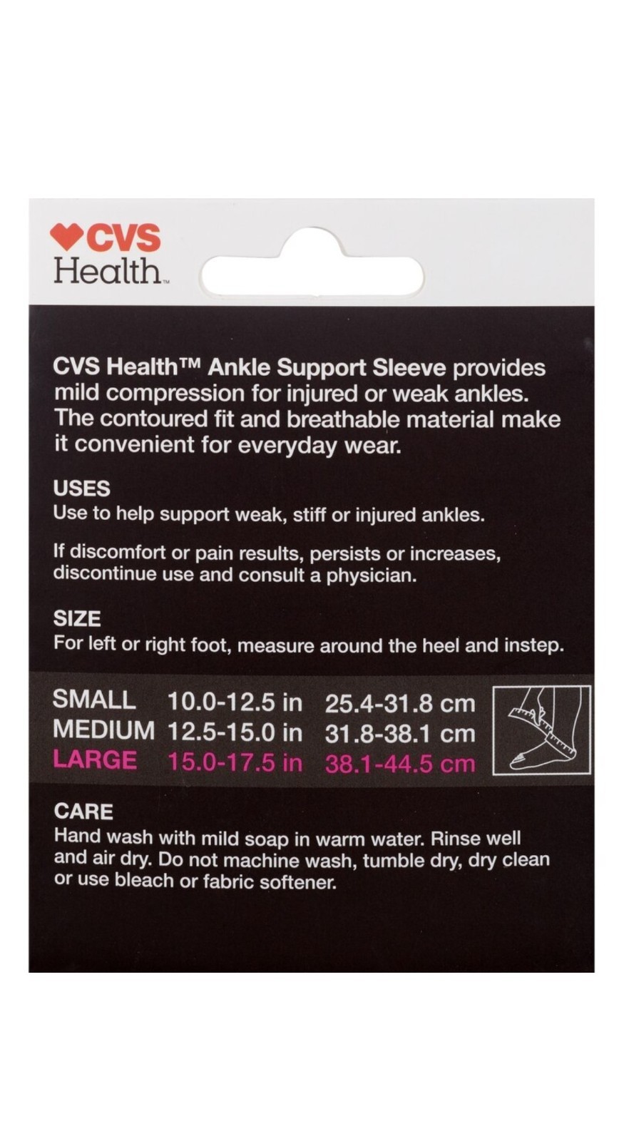CVS Ankle Support Sleeve Mild Compression Size Large 15-17.5 in