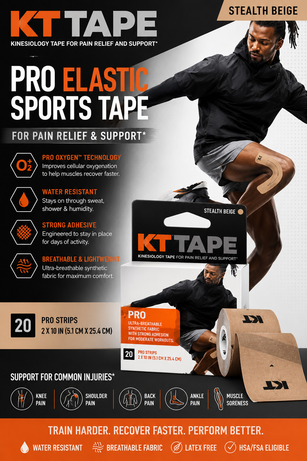 KT Tape Pro Elastic Sports Tape 20 Pro Strips (2″x10″) Stealth Beige