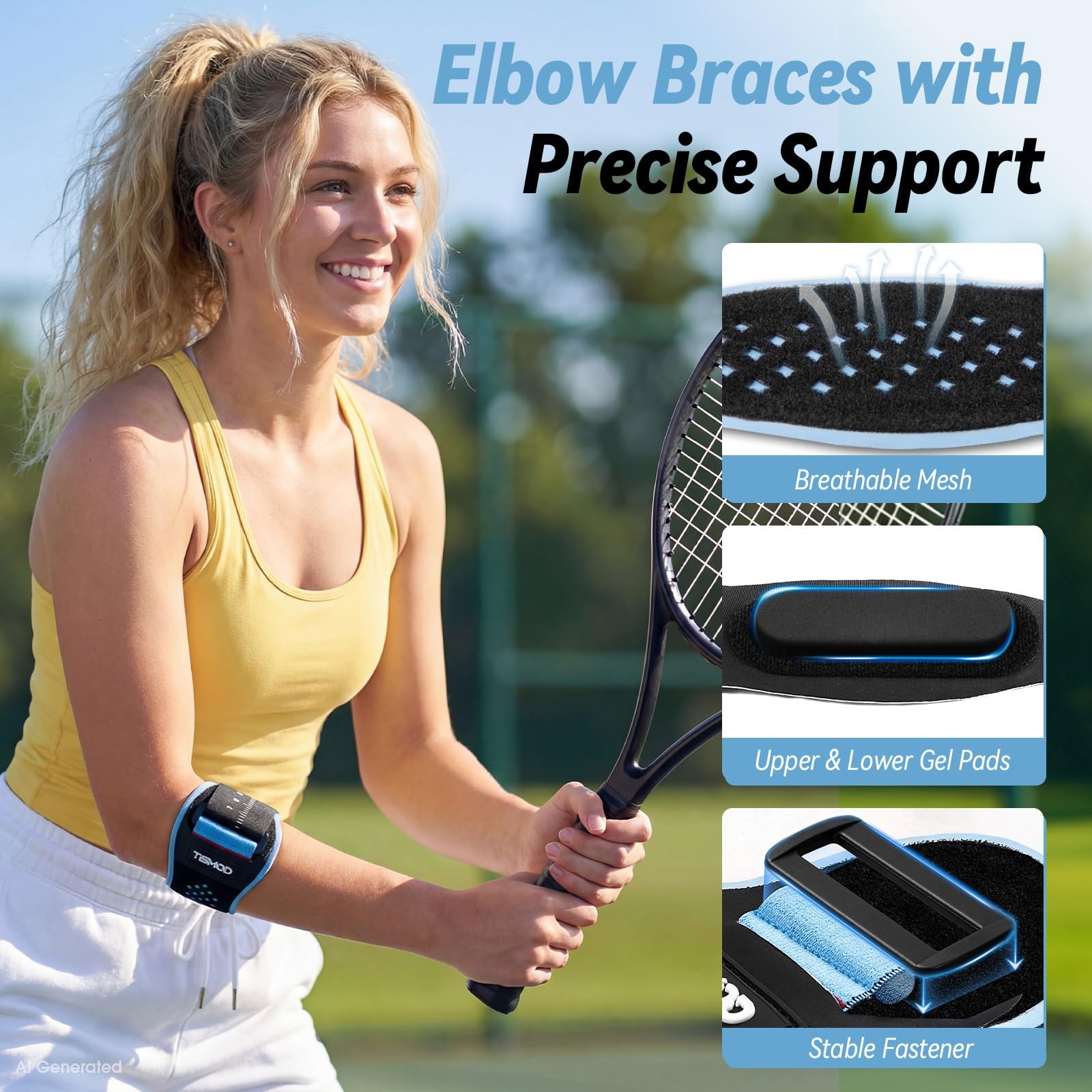Tennis Elbow Brace for Men Women, Golfers Strap Band S/M, Blue+Black
