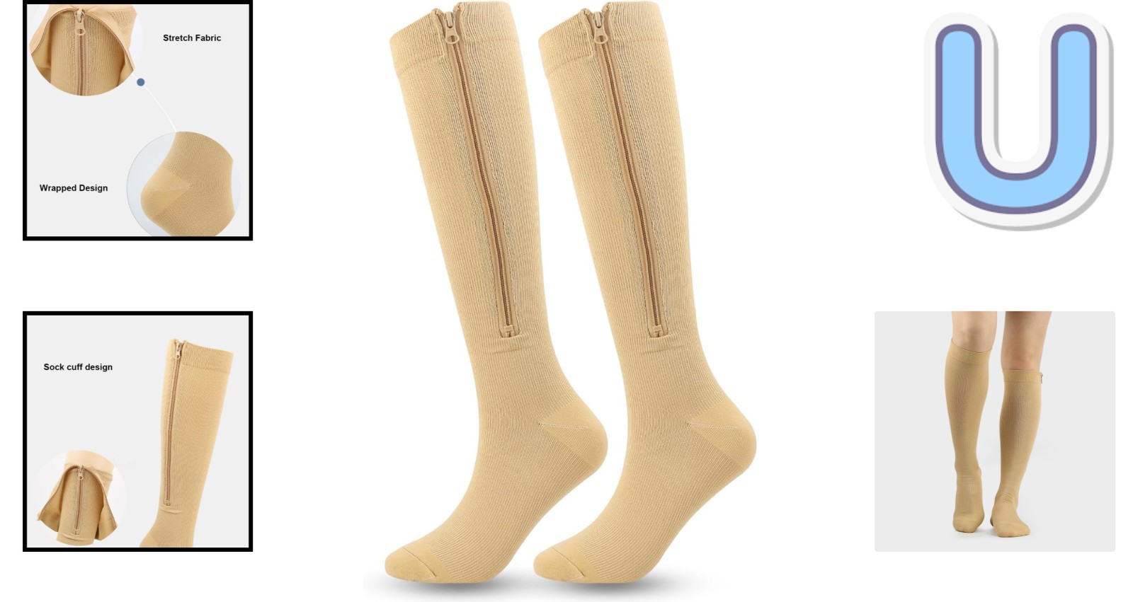 Zippered 15-20mmHg Compression Stockings for Everyday Use and Outdoor Activities