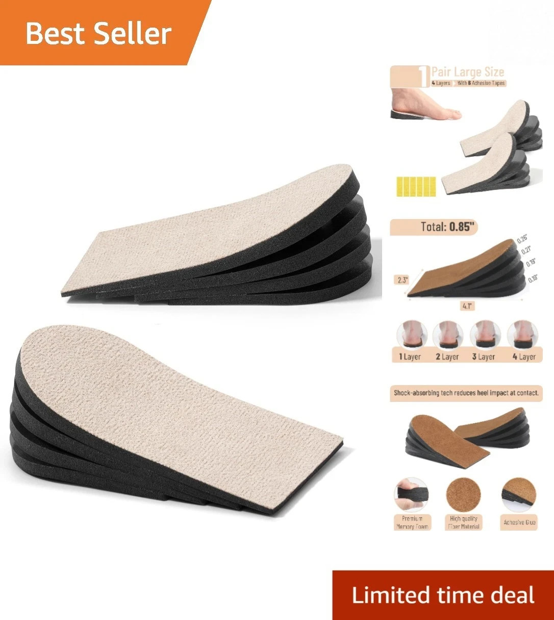 Dr. JK Adjustable Heel Lifts – 4 Layers, Large Size, Pain Relief for Uneven Legs
