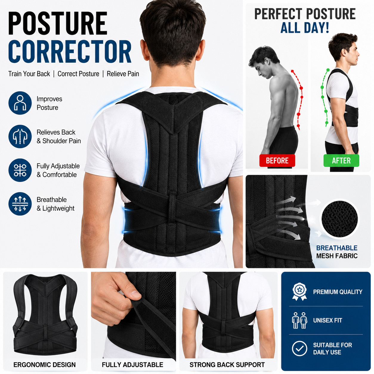 Adjustable Posture Corrector Low Back Support Shoulder Brace Belt for Men Women