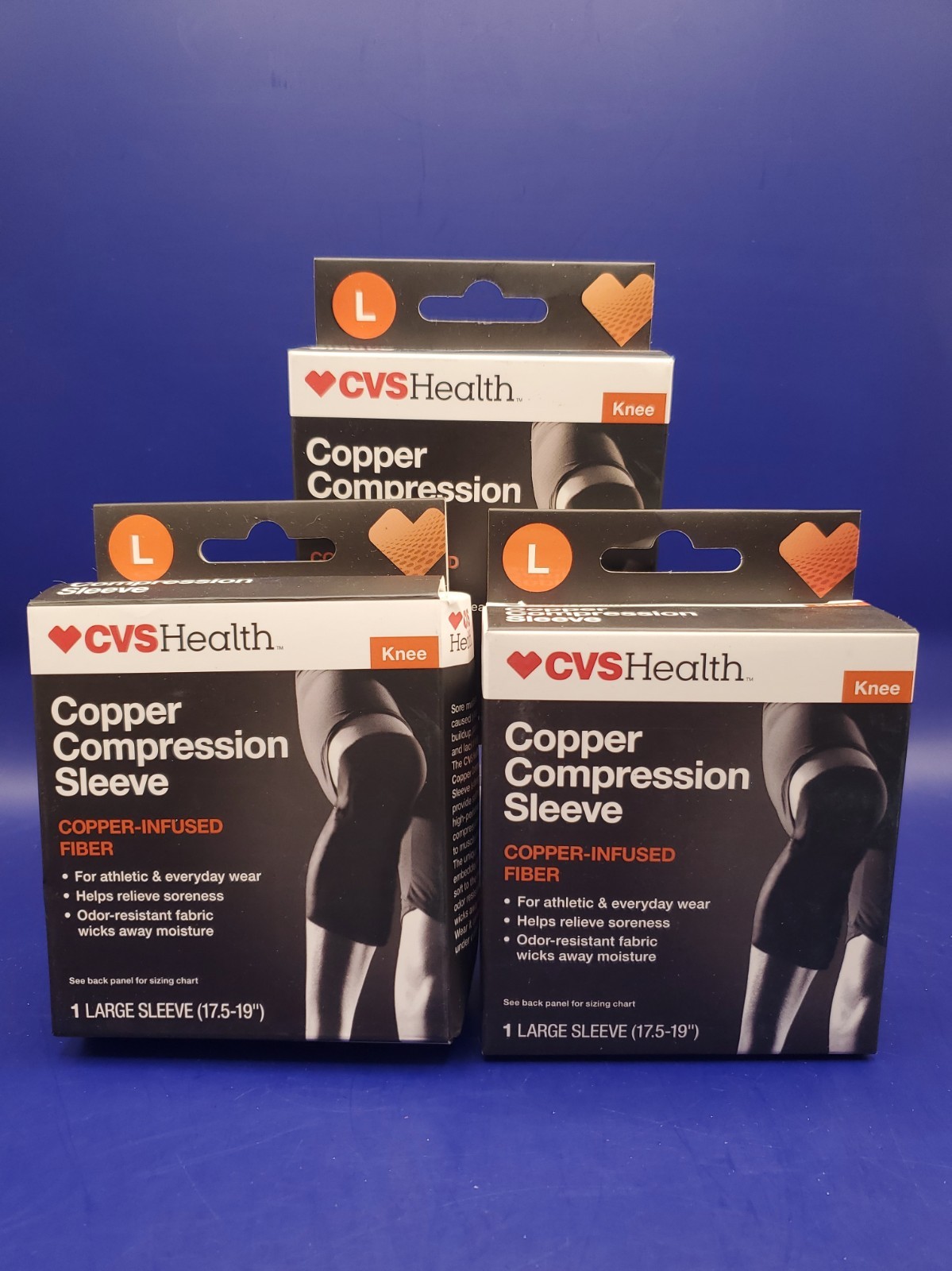 3 Pack CVS Health Copper Infused Fiber Compression Knee Sleeve Large New