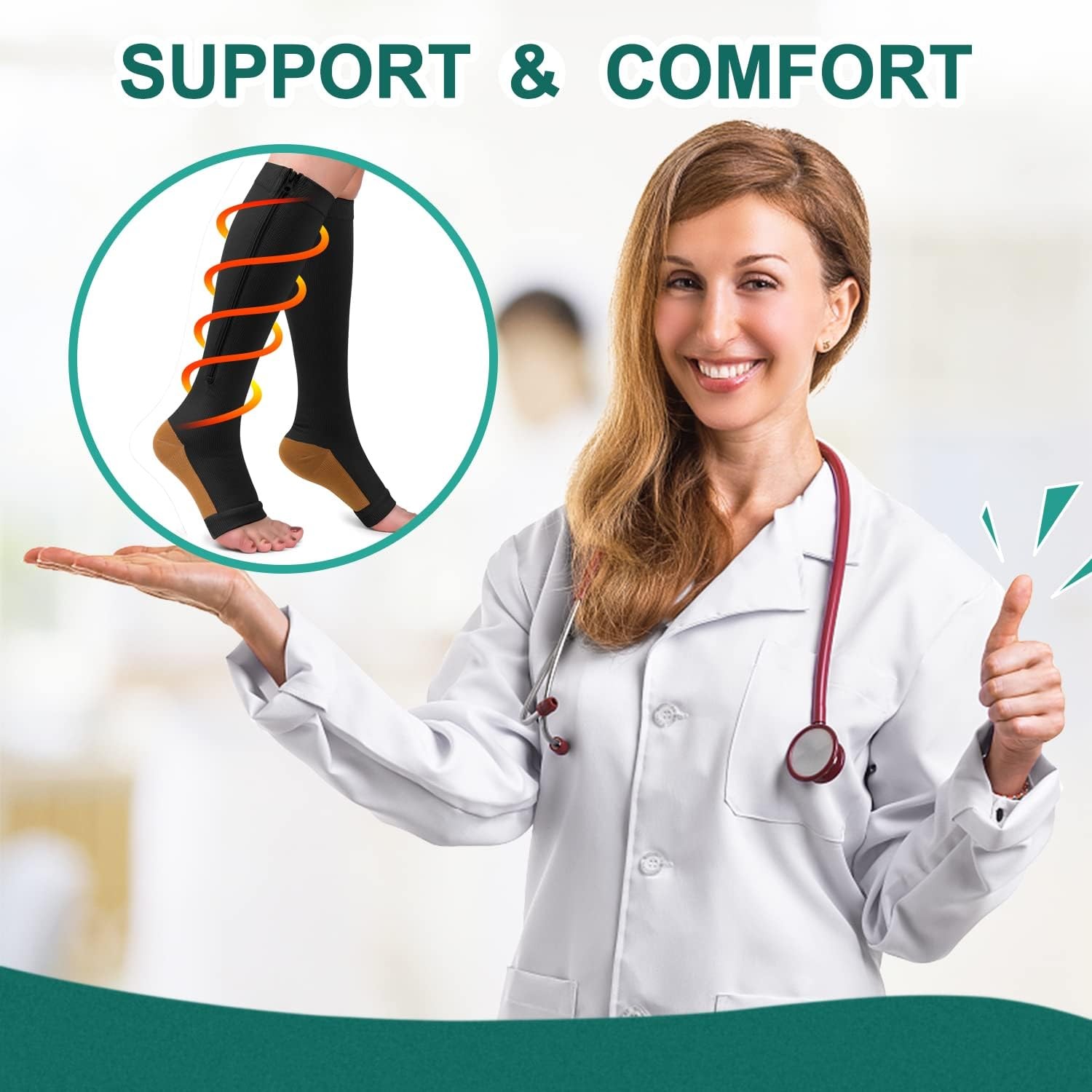 2 Pairs Copper Zipper Compression Socks, 15-20mmgh, Open Toe, Stocking