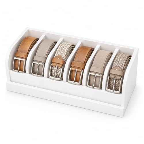 Bamboo Belt Rack, 6-Compartment Belt Organizer and Displayer for Closet White