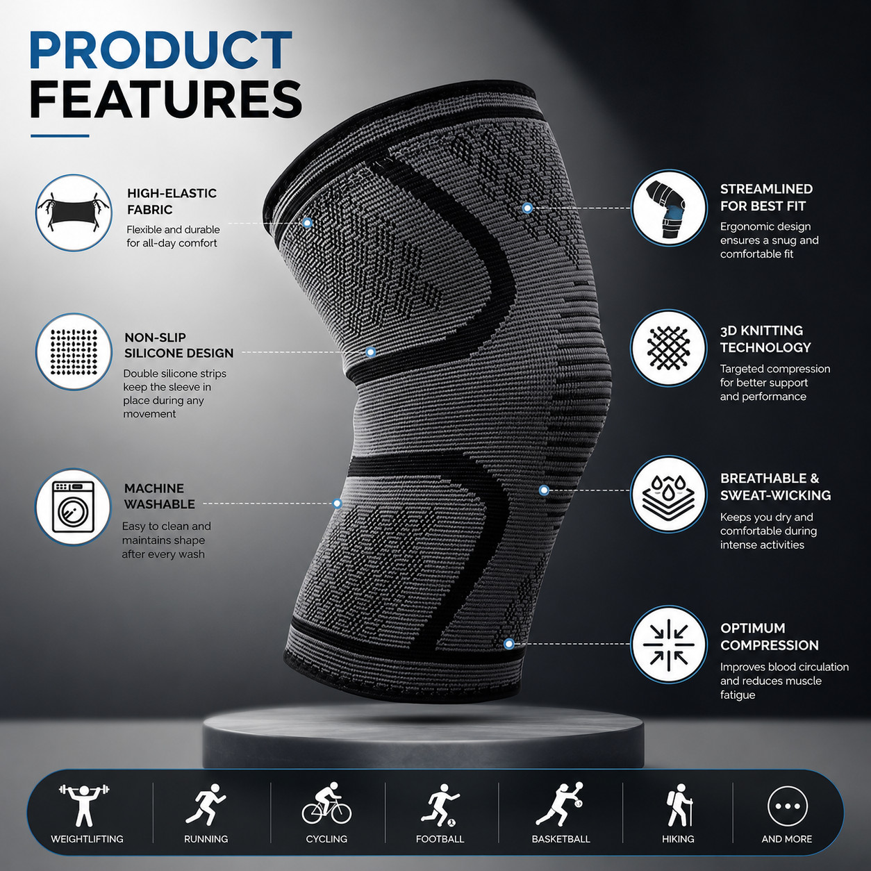 Knee Compression Sleeve Brace Support for Sports Gym Arthritis Joint Pain Relief