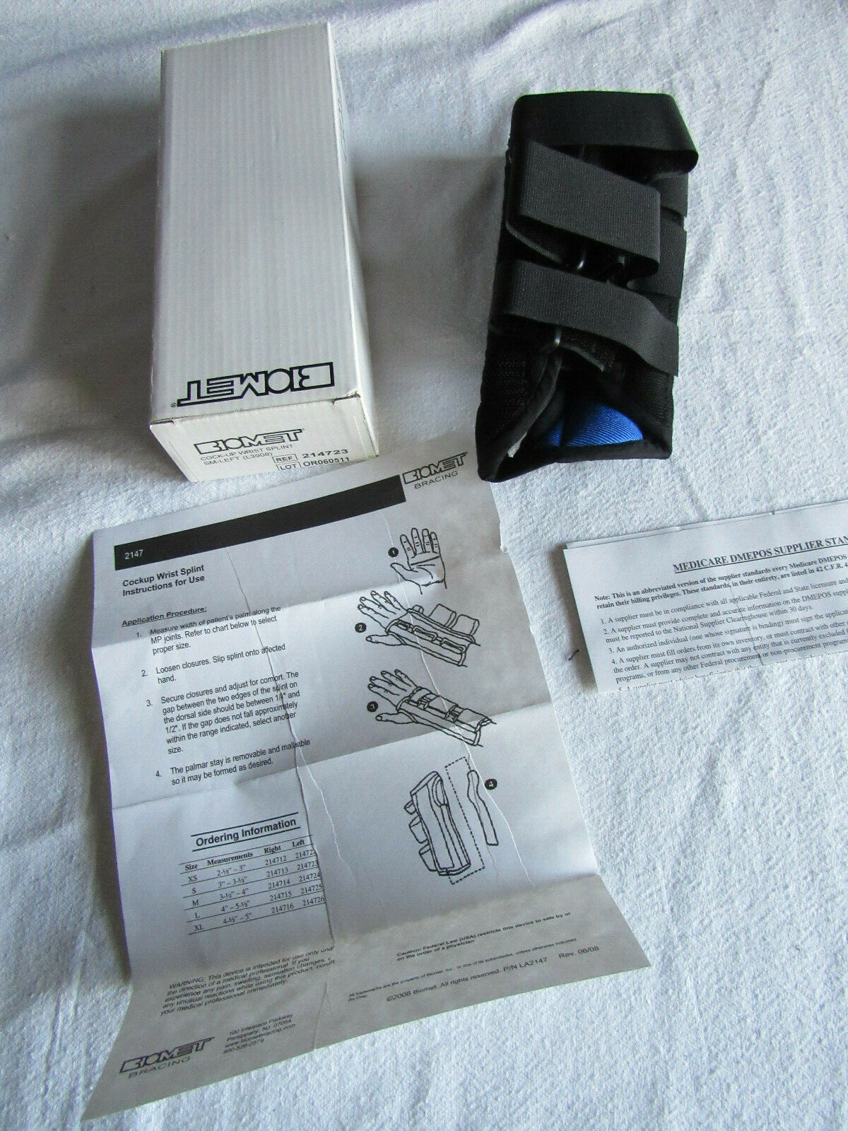 New BIOMET 214723 Cock-up Wrist Splint Bracing Black SMALL LEFT Hand 3″-to 3.5″