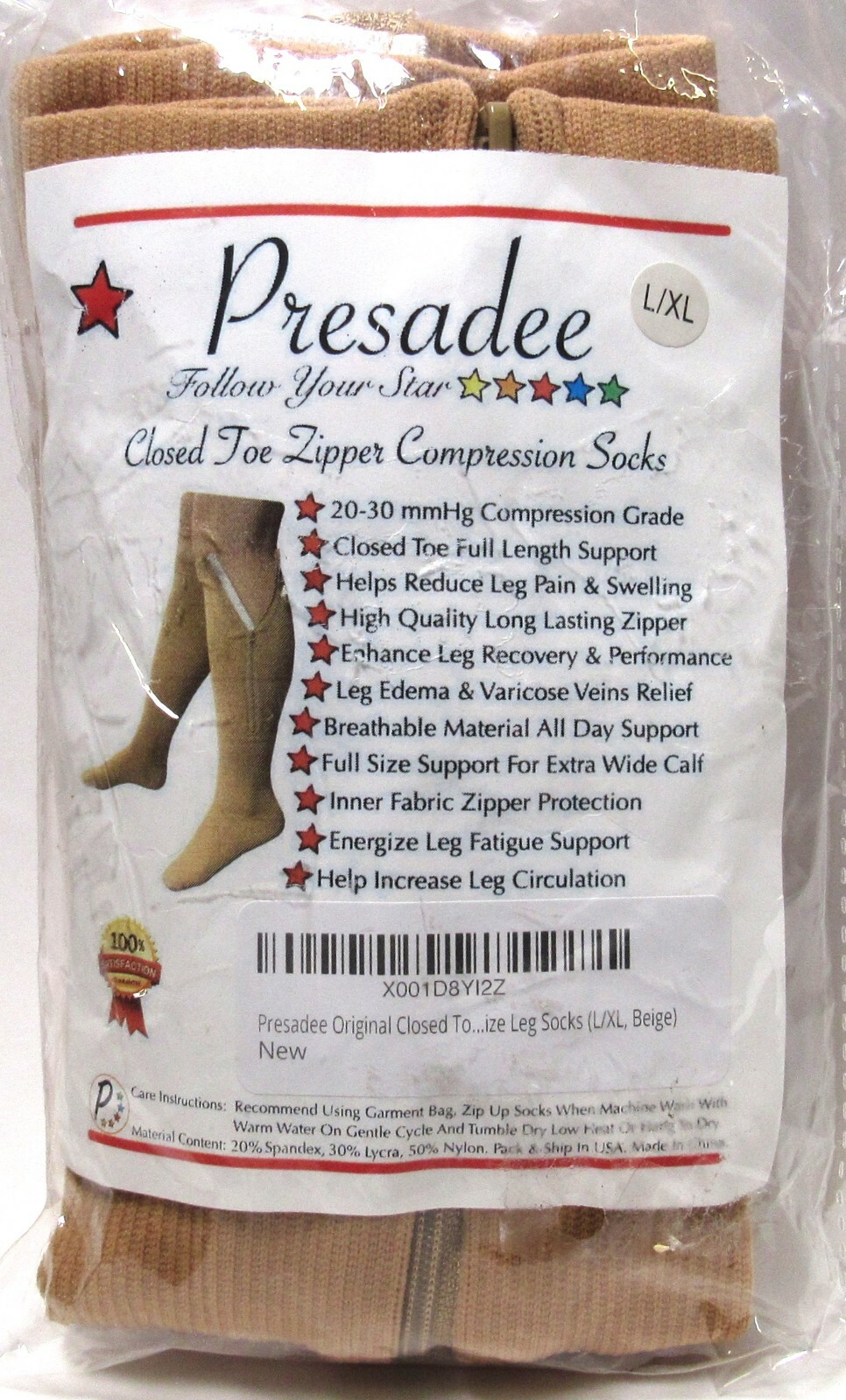 (3-Pack) PRESADEE Closed Toe 20-30 mmHg Zipper Compression Socks (Sz L/XL) Beige