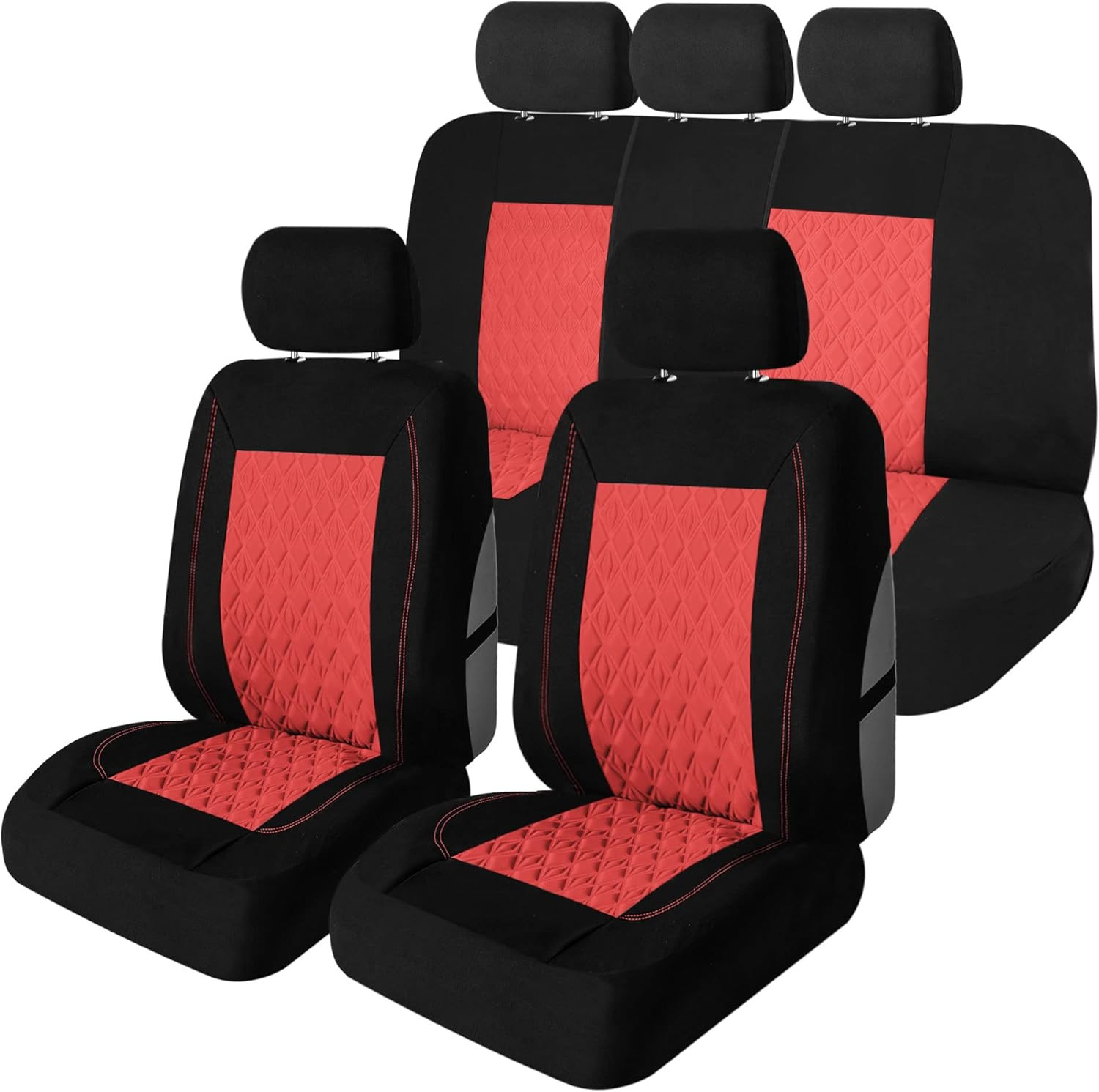 Universal Fit Diamond Stitched Flat Cloth Car Seat Covers Full Set – Red