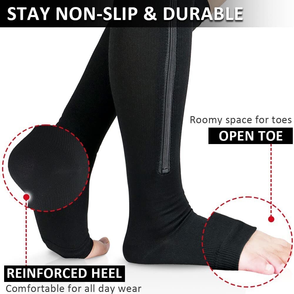Women Men Open Toe Zipper Compression Socks 20-30mmHg Leg Calf Support Stockings