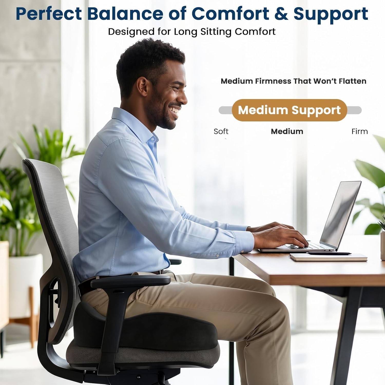 BlissTrends Memory Foam Seat Cushion 4.7in Ergonomic Tailbone Support Black