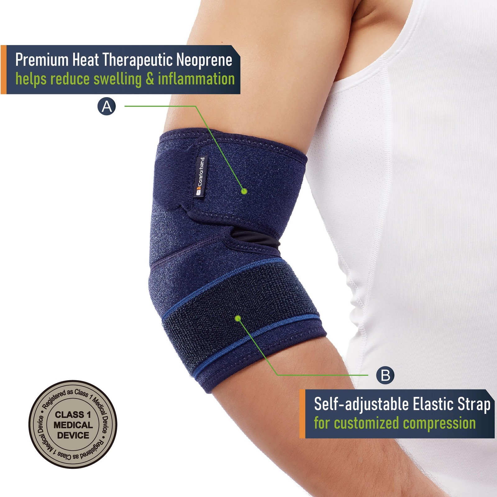 ​Comforband Adjustable Elbow Brace – Targeted Support for One Size, Navy