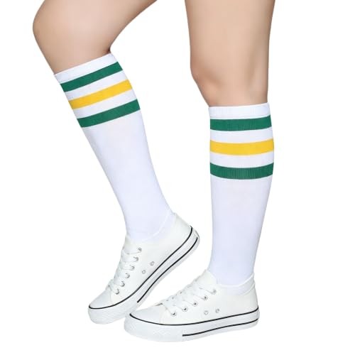 Triple Stripes Soft Cotton Knee High Tube Socks One Size Green/Yellow/White