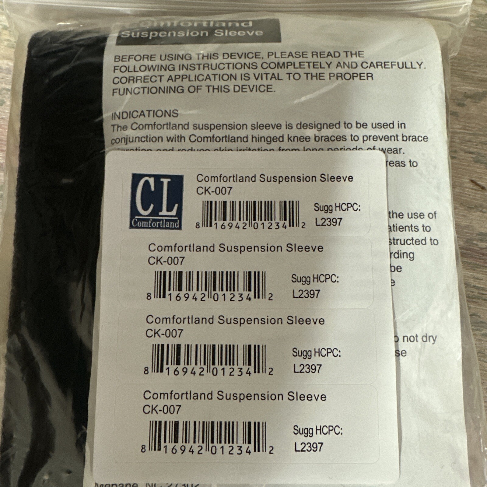 Comfortland Suspension Sleeve Wrap for Knee Size Universal CK-007 NIP Black