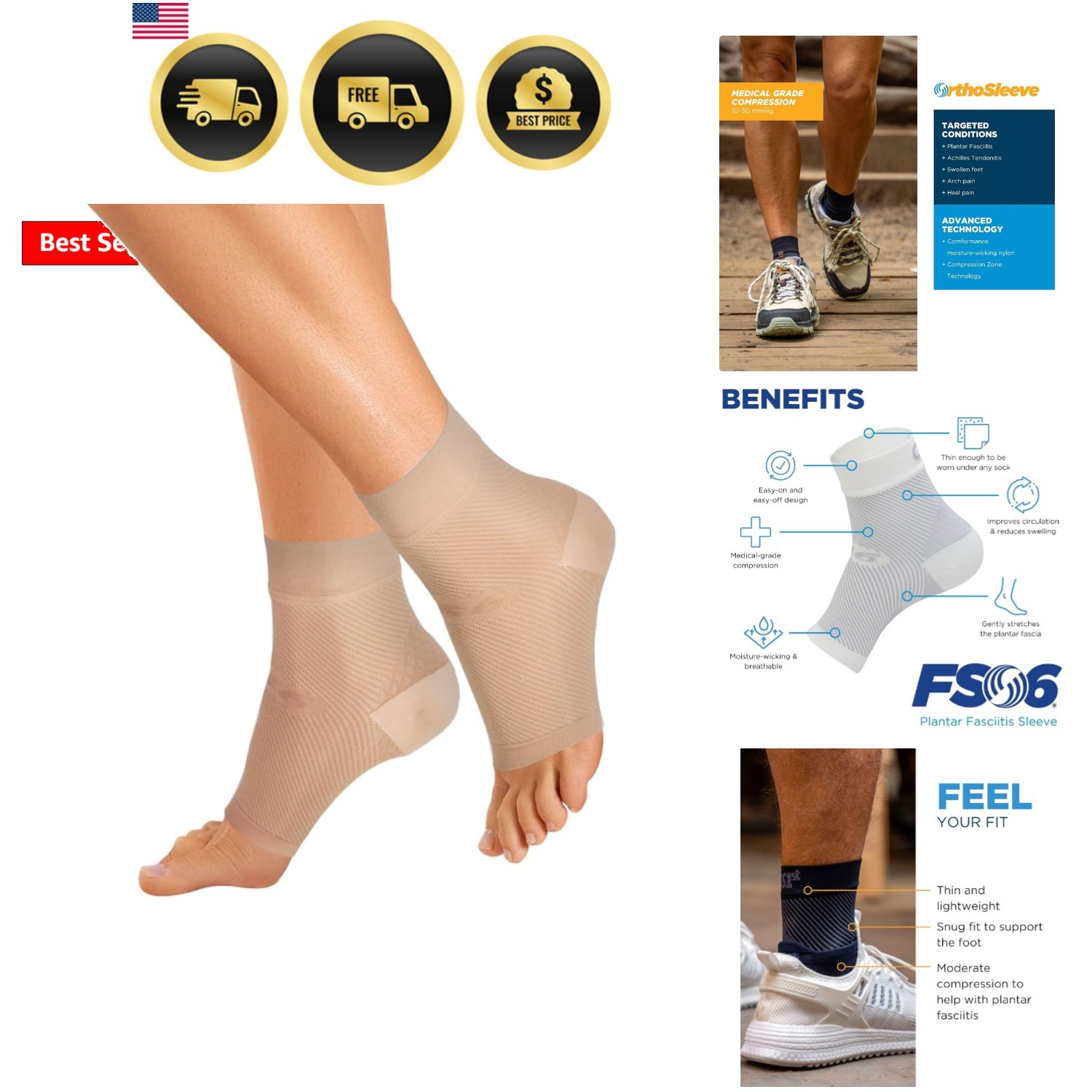 FS6 Compression Foot Sleeves for Women & Men, Helps Plantar Fasciitis Relief,…