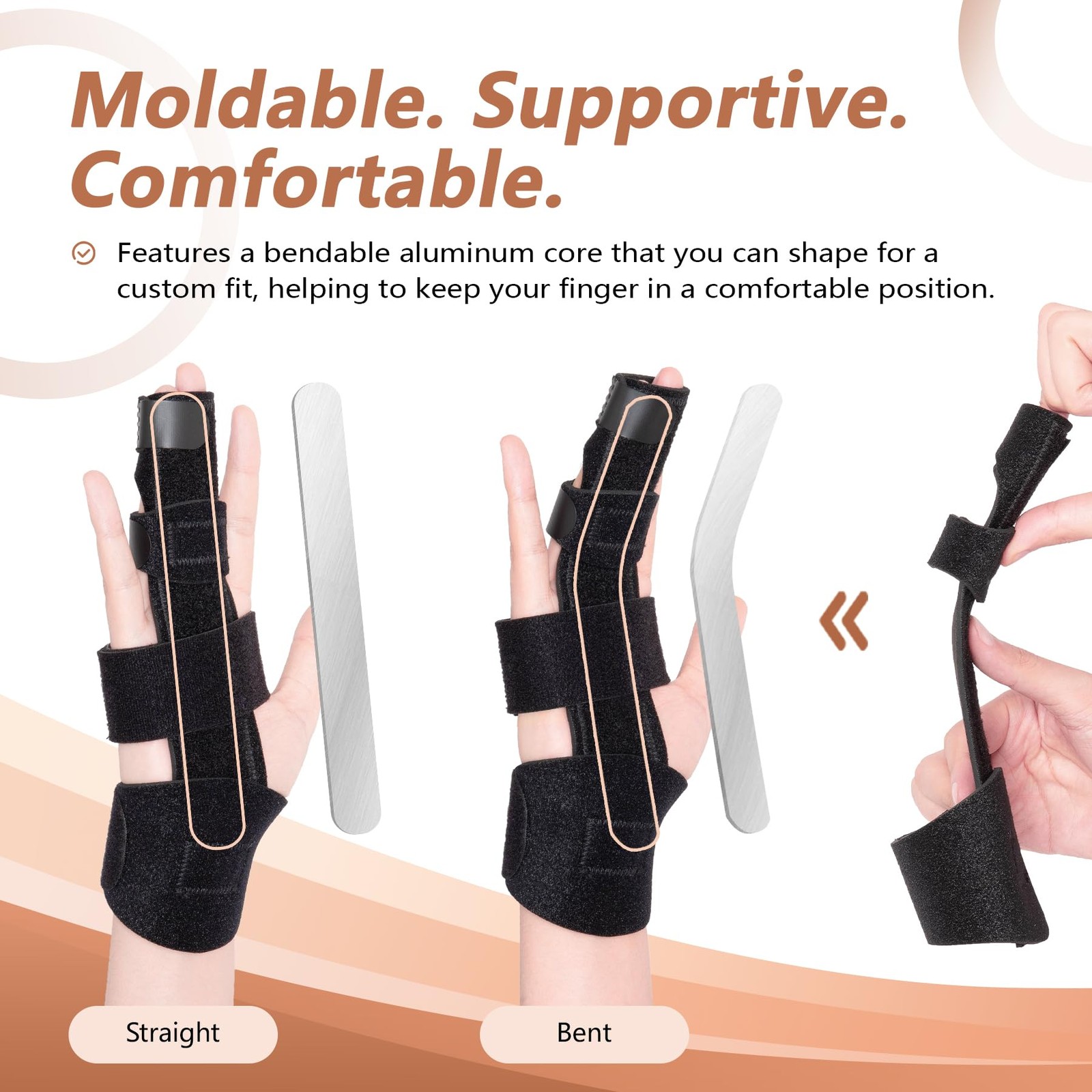 2 Finger Splint, Adjustable Brace, Metal Support L/XL, Black