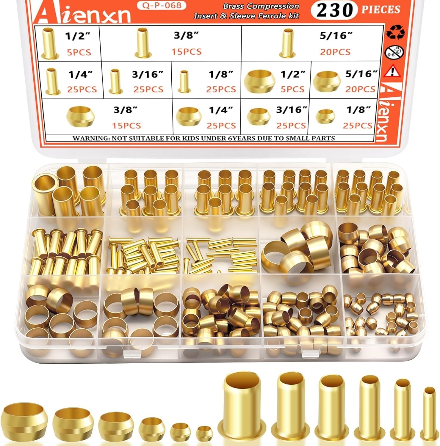 Brass Compression Sleeves Ferrules & Insert 230 PCS 1/8 to 1/2 inch