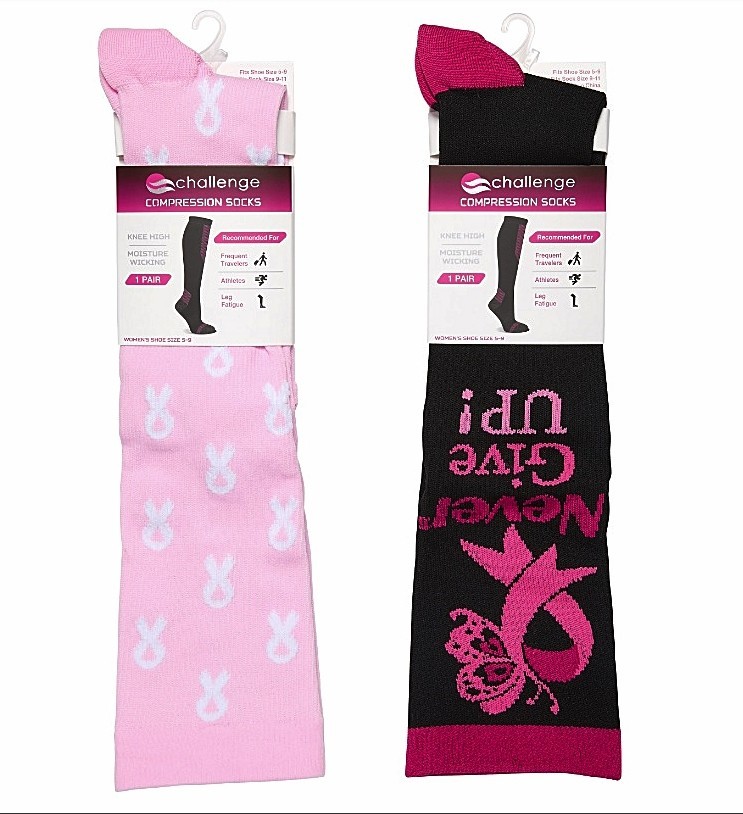 2 Pairs Womens Breast Cancer Awareness Pink Ribbon COMPRESSION Knee Socks