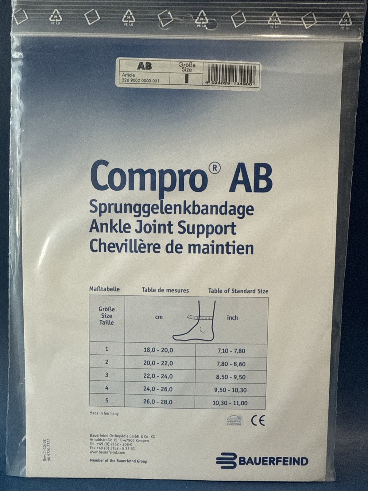 Size 1 Bauerfeind Compro AB Ankle Joint support for more stability