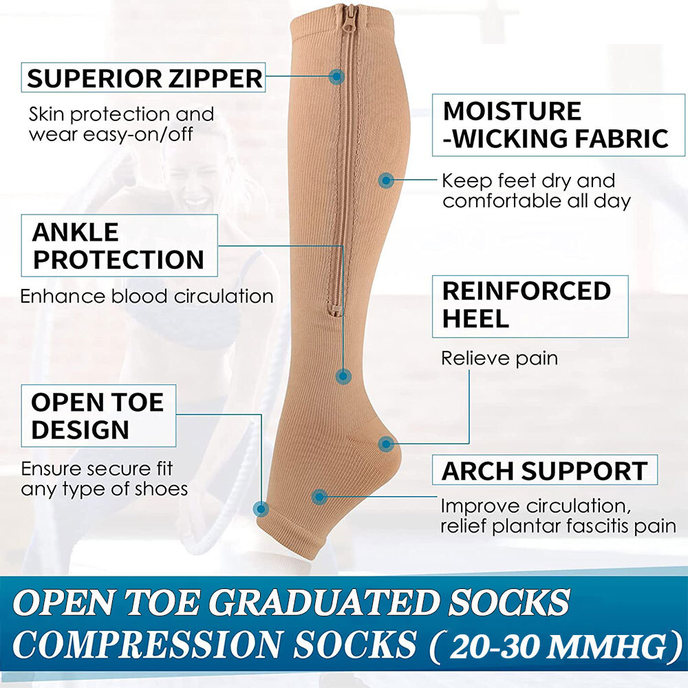 Compression Socks Toeless with Zipper Easy on off 20-30 mmHg for Varicose Veins