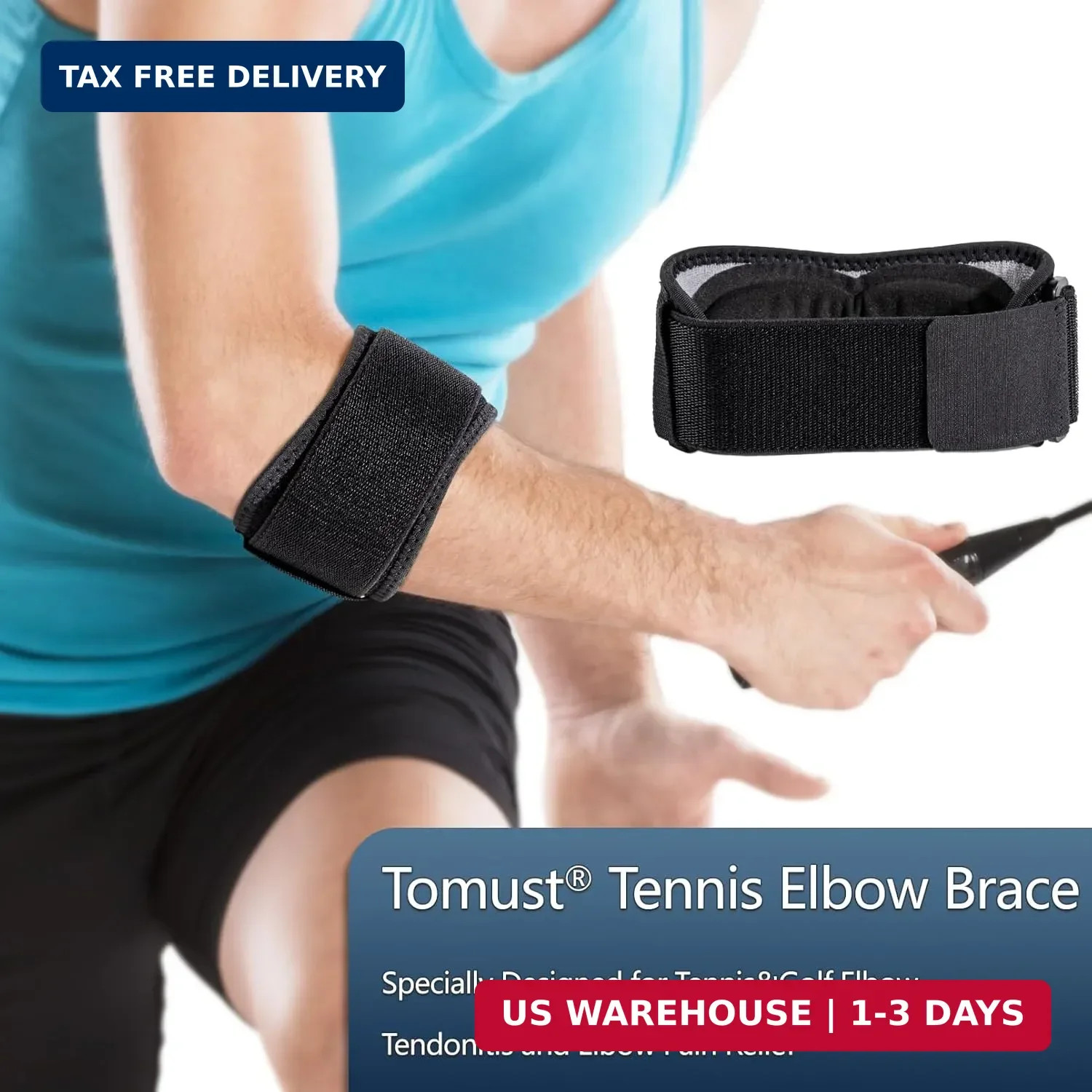 Tennis Elbow Brace – Adjustable Forearm Support Band with Gel Compression Pad, E
