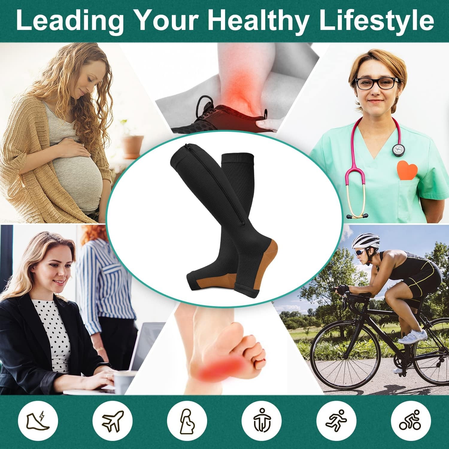 2 Pairs Copper Zipper Compression Socks, 15-20mmgh, Open Toe, Stocking