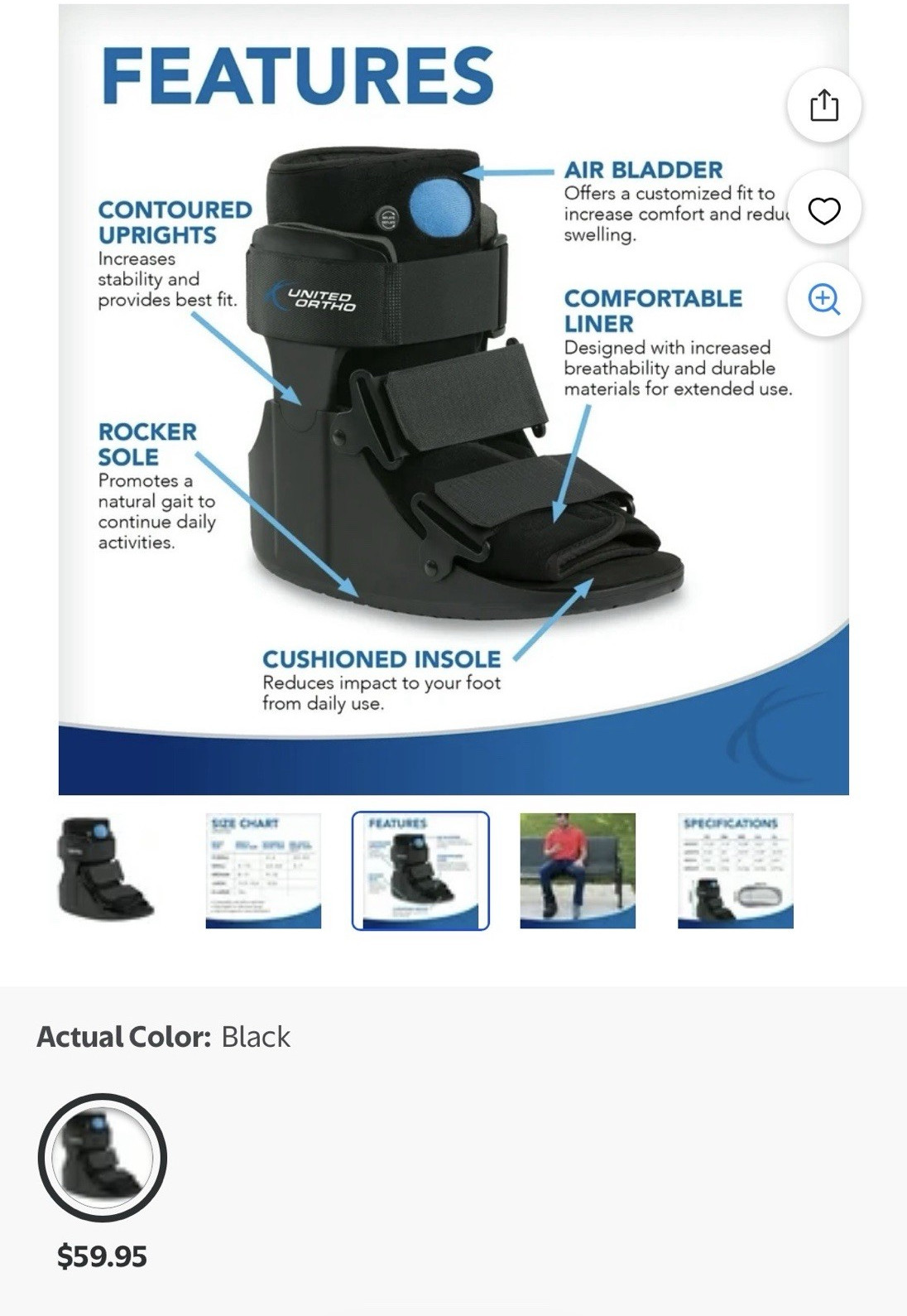 United Ortho Short Air Cam Walker Boot Black Air Bladder Adjustable Rocker Small