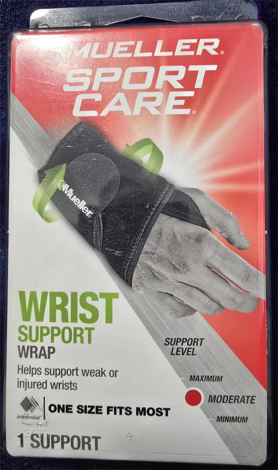 MUELLER SPORT CARE WRIST SUPPORT WRAP ONE SIZE FITS MOST WRISTS MODERATE SUPPORT