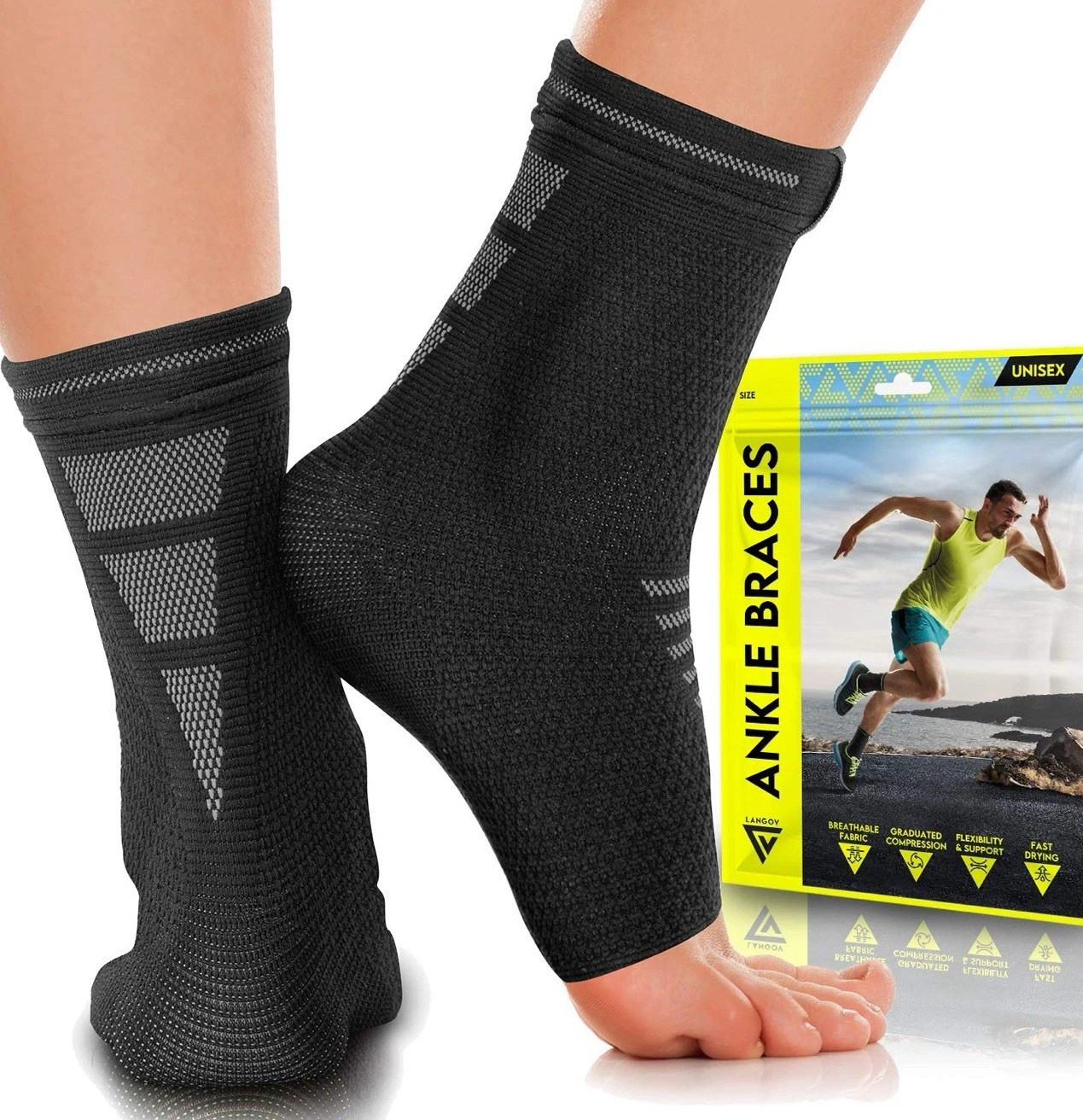 Langov Ankle Brace Compression Sleeve Ankle Unisex Compressor Brace Pair S -XL