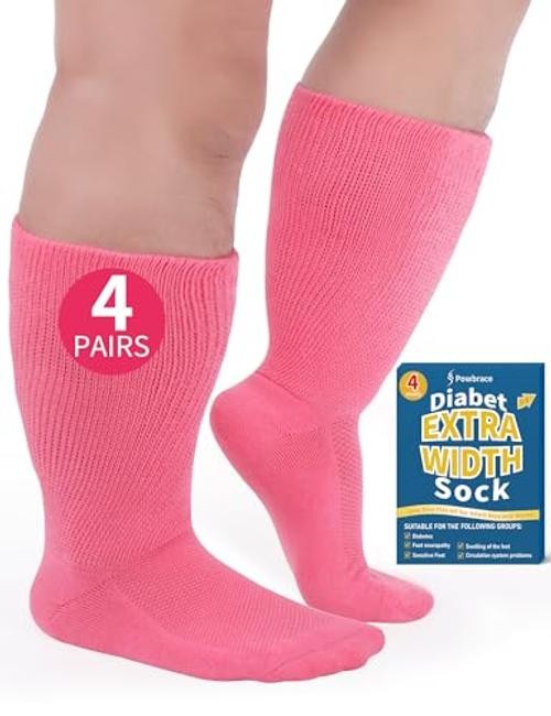 Powbrace 4 Pairs Wide Diabetic Socks – Swollen Feet & One Size 4 Pairs Pink