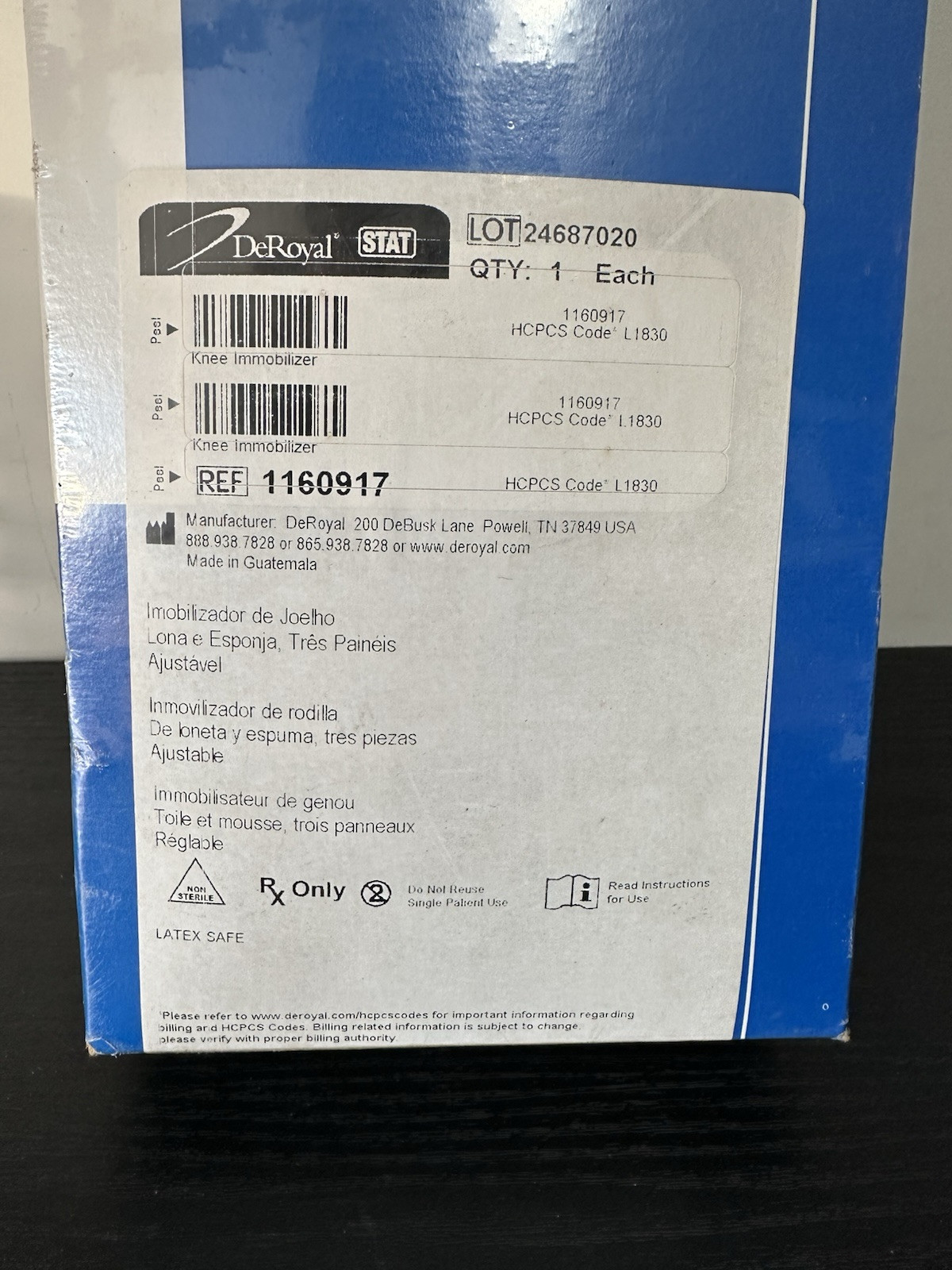 DEROYAL DELUXE TRI PANEL 16″ KNEE IMMOBILIZER #1160917 *BRAND NEW*