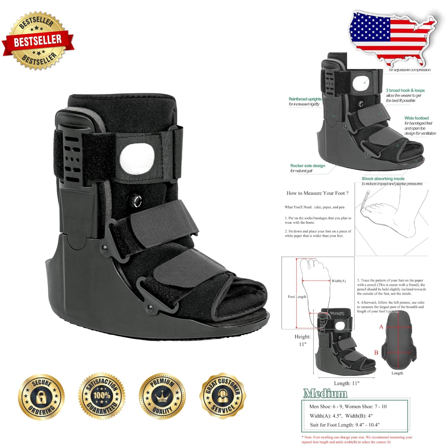 Unisex Walking Boot Medium Black Injury Foot Sprain Fracture Recovery