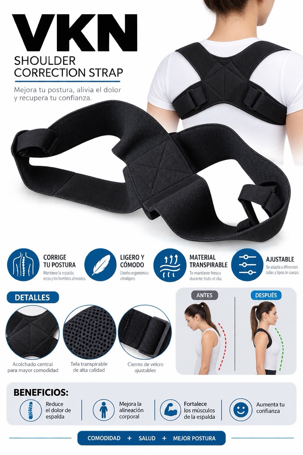 VKN Shoulder Correction Strap Posture Corrector Adjustable Back Brace Black OS