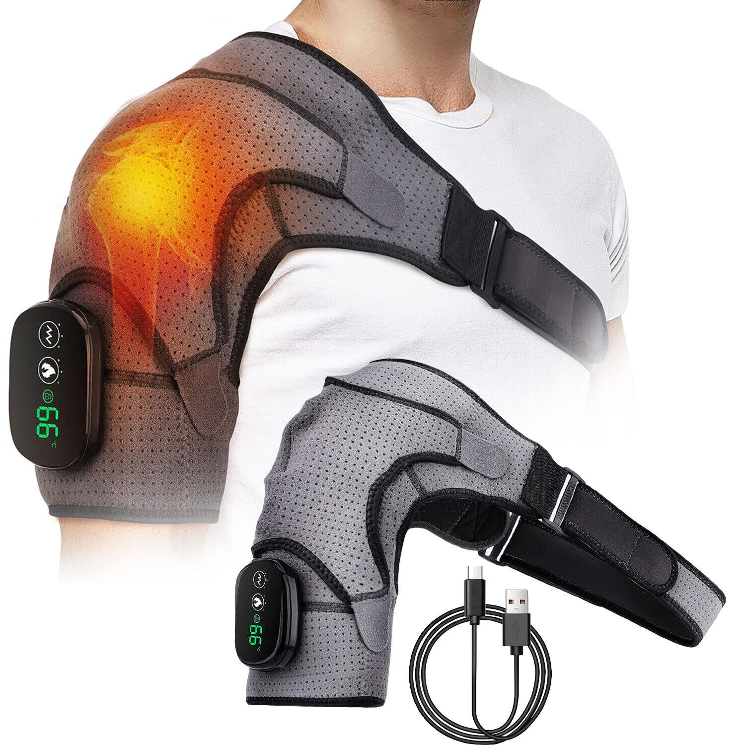 Heated Shoulder Brace Massage Rotator Cuff Support Compression Wrap Rechargeable