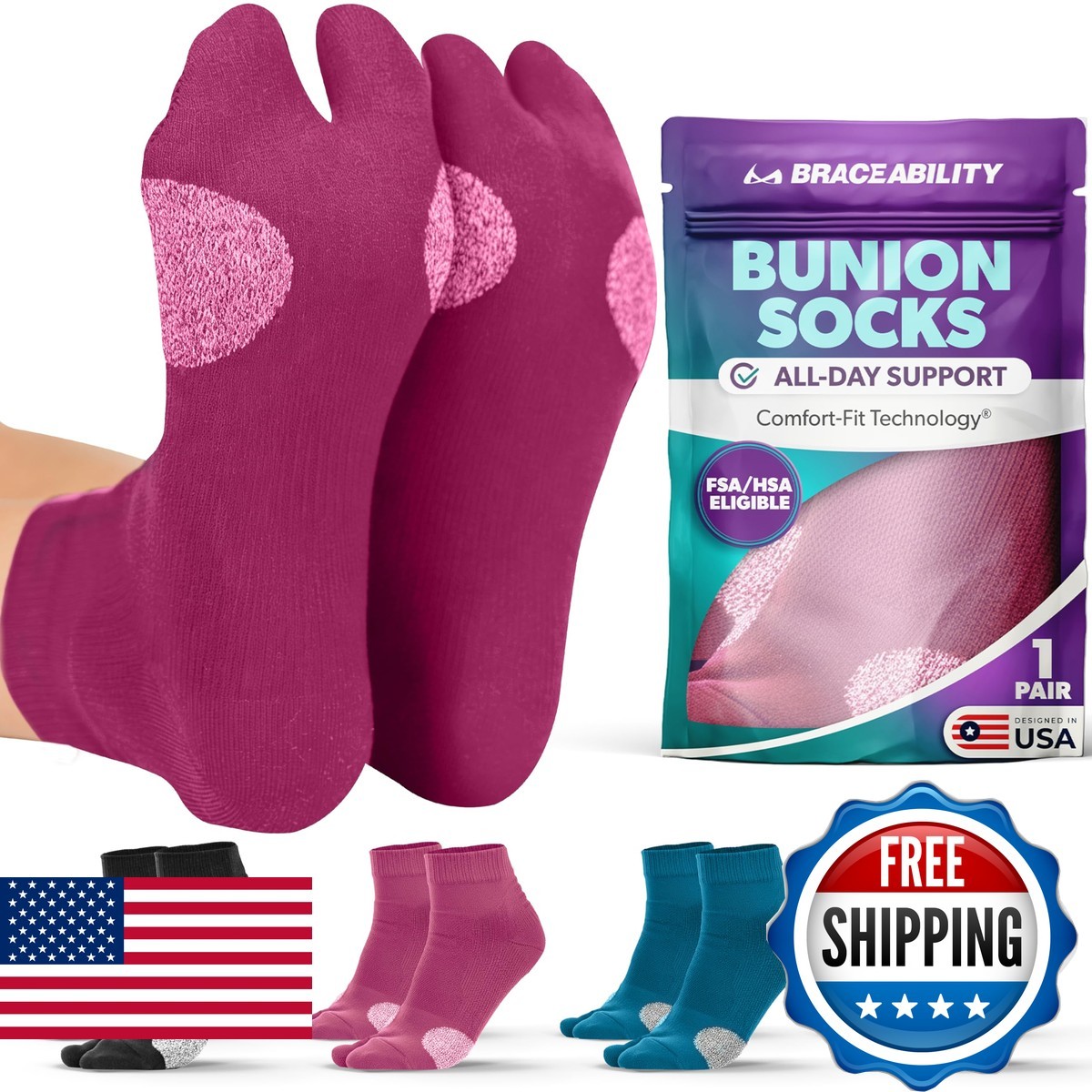 BraceAbility Bunion Relief Socks for Women Split-Toe 1 Pair S Fuchsia
