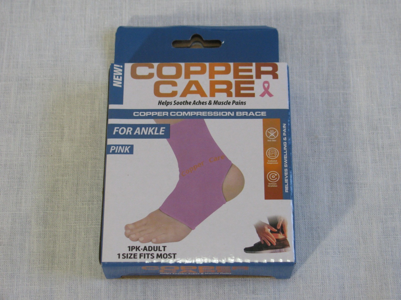 NIB Copper Care Compression Brace For Ankle 1 Pk Adult PB821-24, 1 Size, Pink