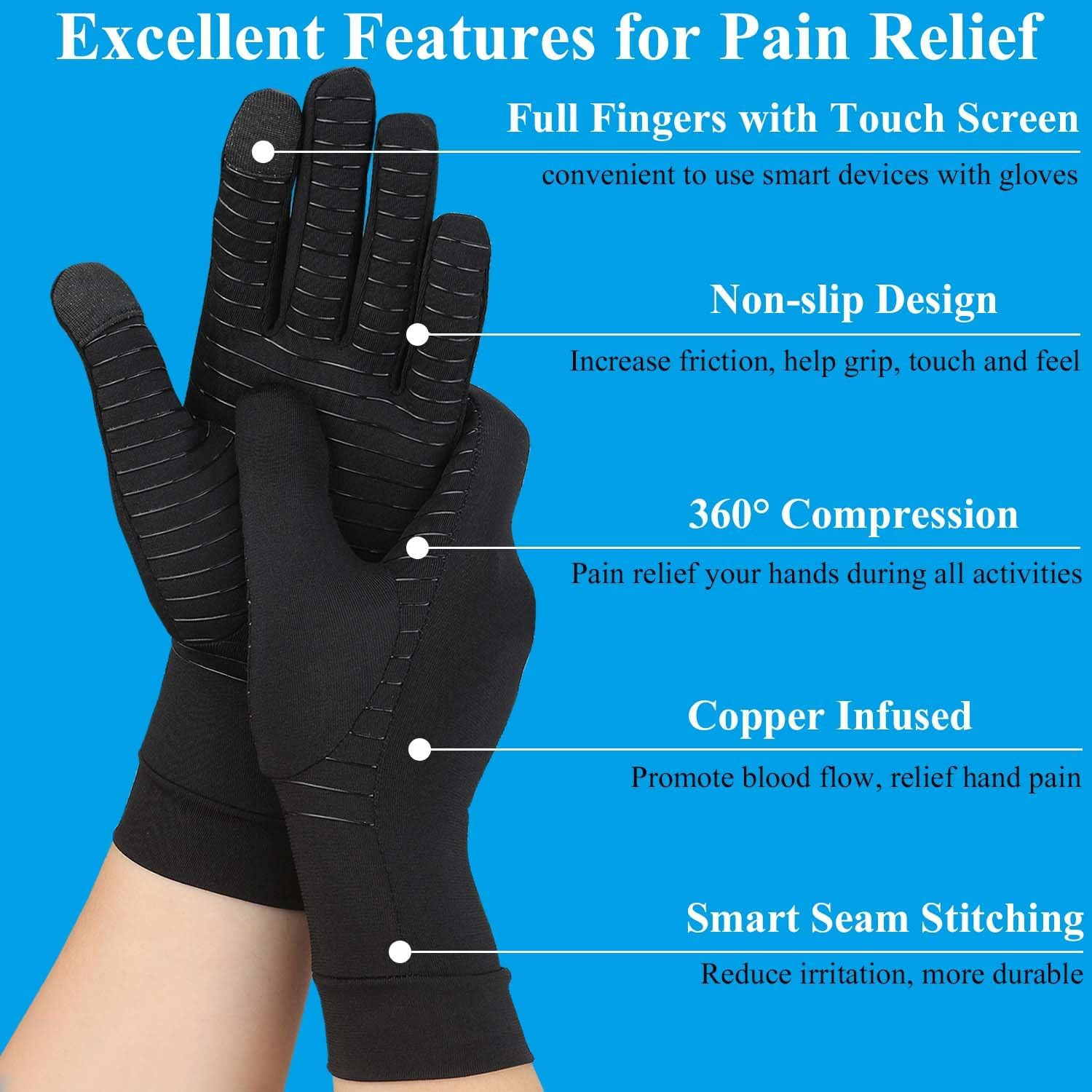2 Pairs Copper Arthritis Gloves for Hand Pain, Full Finger Compression Gloves fo