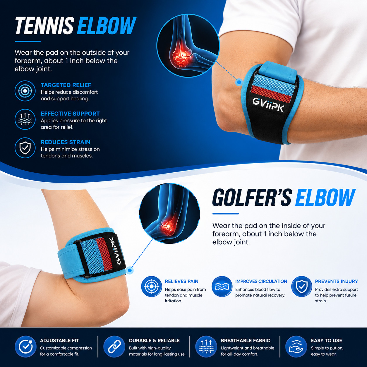 Elbow Brace for Tendonitis Tennis Elbow Breathable Compression Strap Blue