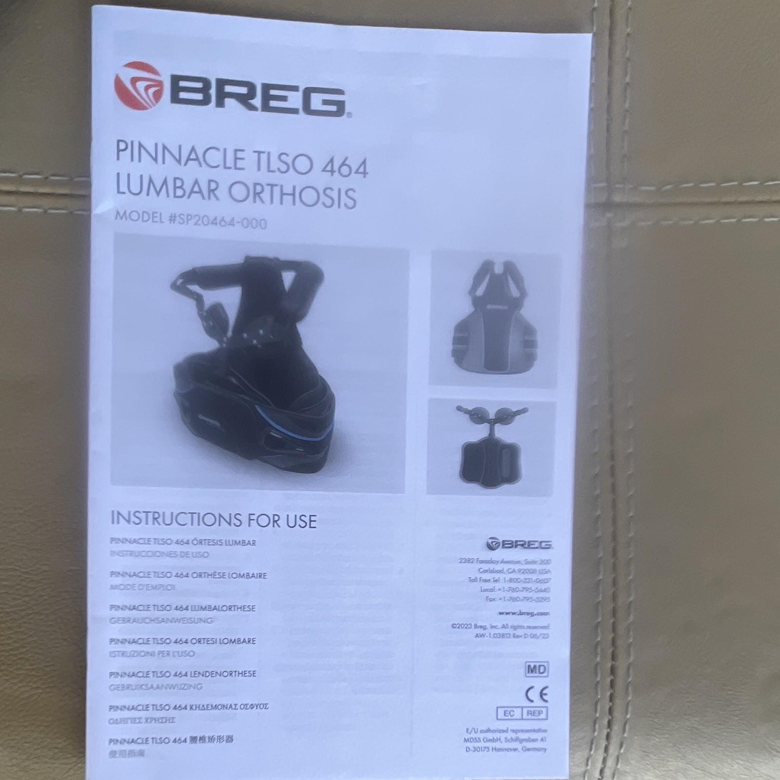 Breg Pinnacle TLSO 464 Lumbar Orthosis Back Brace MD Stabilization Adj Black