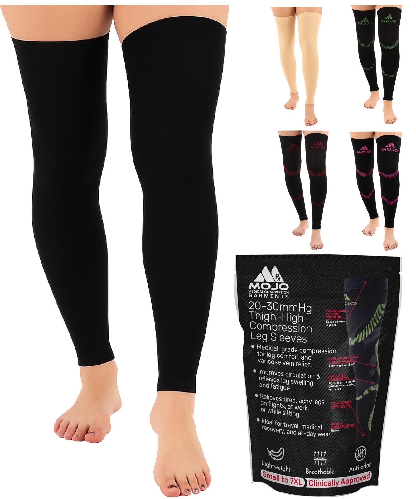 Mojo 20-30mmHg Compression Thigh-High Sleeves for Men & Women – Large, Black
