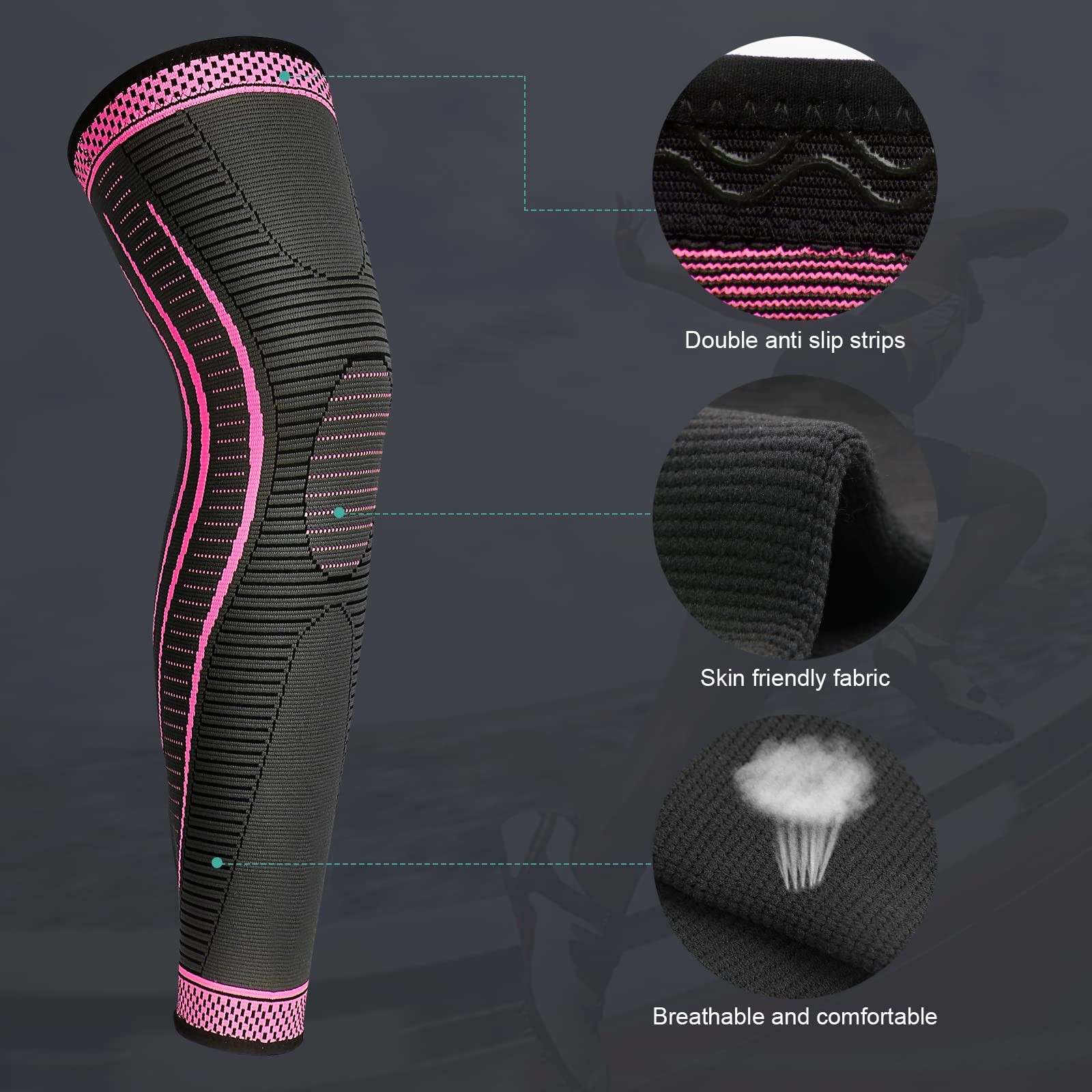 2 PCS Rose Red Medium Full Leg Compression Sleeves Long Knee Brace Support