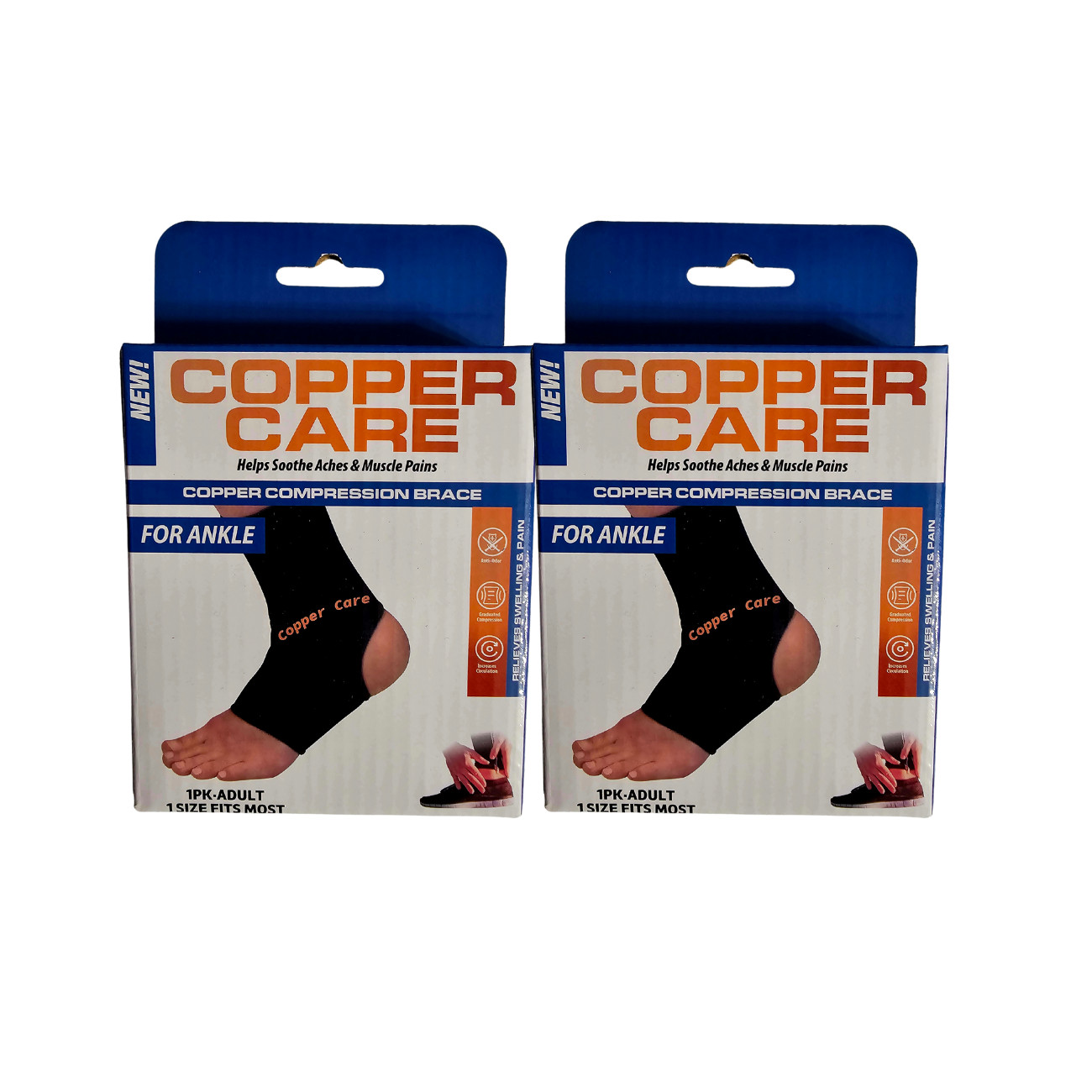 Copper Care Compression Sleeve Ankle Brace Adult OSFM, Black, 2 Pack