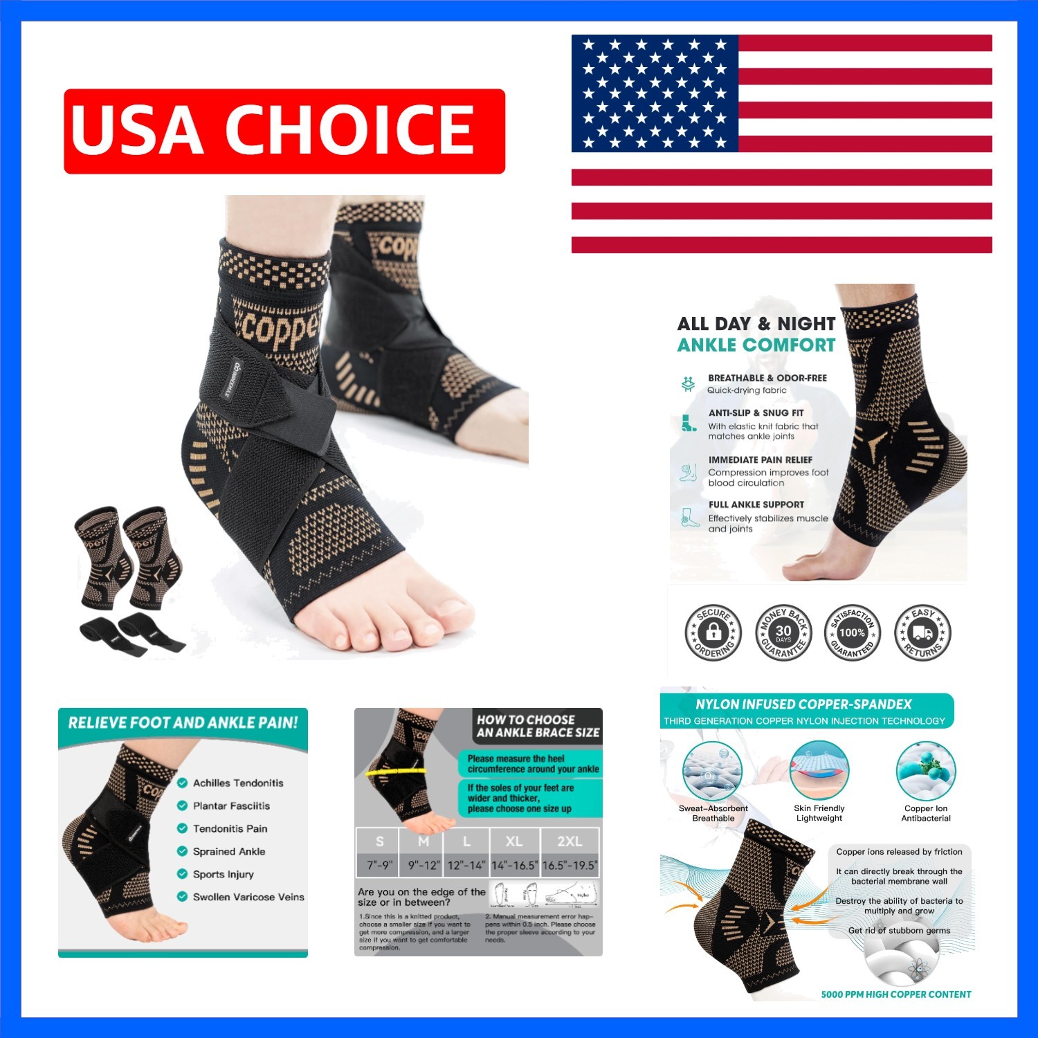 Ankle Brace for Sprained Ankle Compression Sleeve, 2 Pack Copper Infused Ankl…