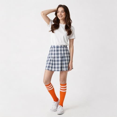Cotton Knee High Socks Triple Stripes Over the Calf 9-13 A04-orange/White