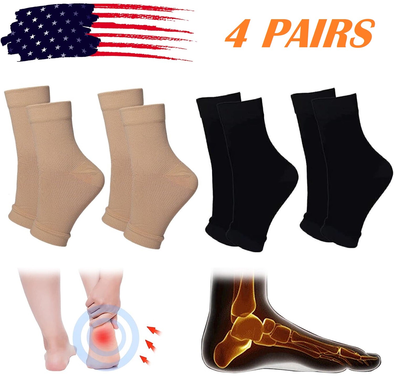 4 Pairs Ankle Brace Compression Sleeve Support Socks Foot Fasciitis Pain Relief