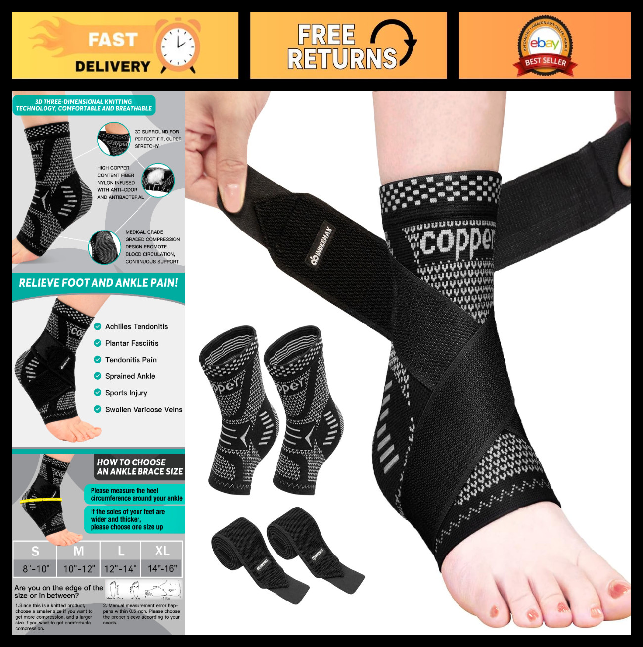 Ankle Compression Sleeve Support for Sprains, Plantar Fasciitis & Achilles Pain