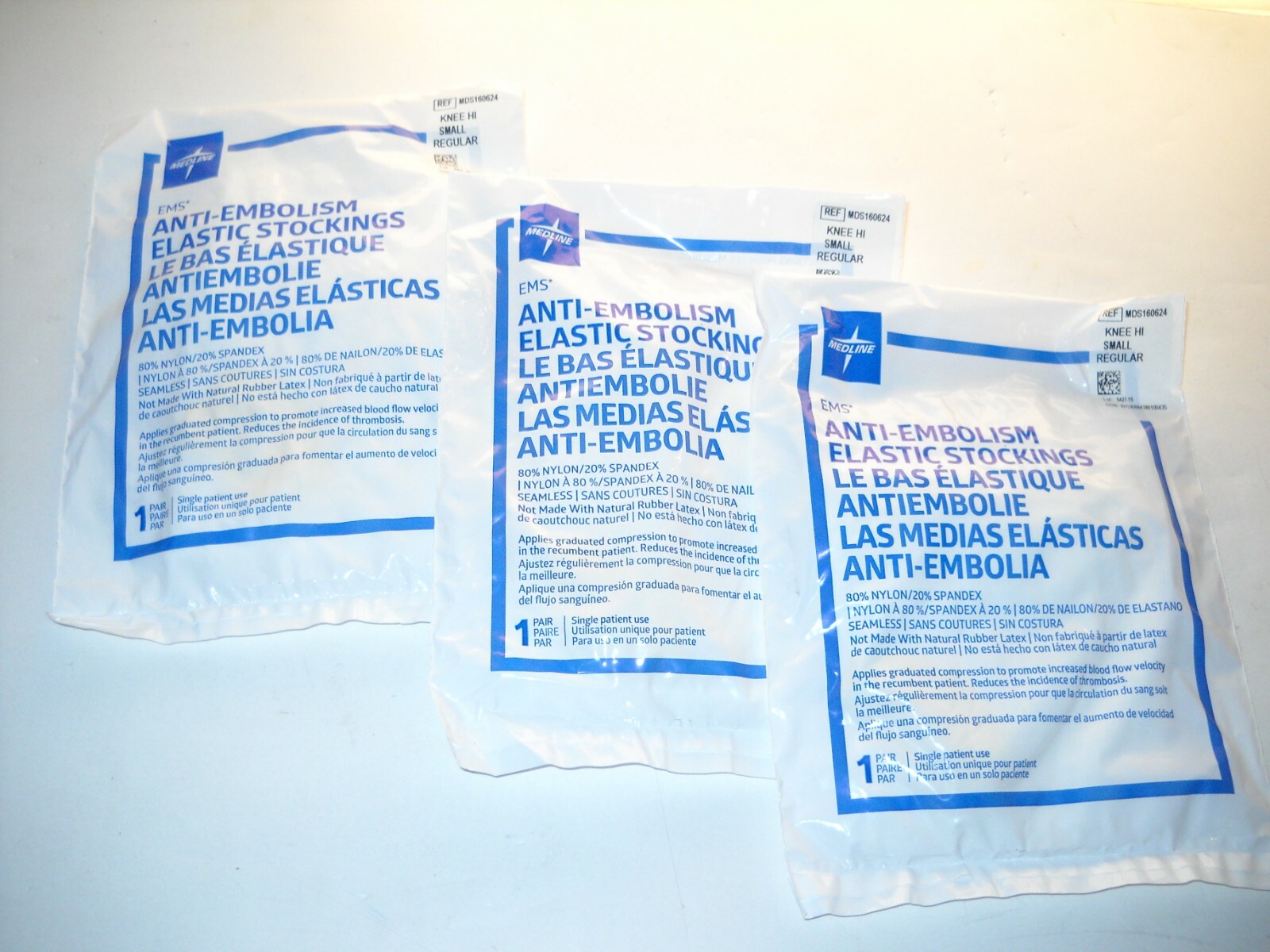 New Medline EMS Anti-Embolism Elastic Stockings KNEE HI, SMALL REGULAR, 3 pairs.